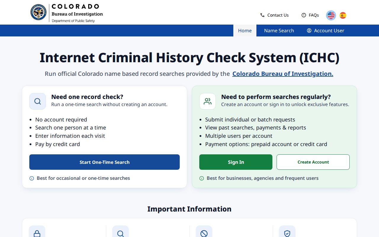 Colorado CBI Internet Criminal History Check System access screen